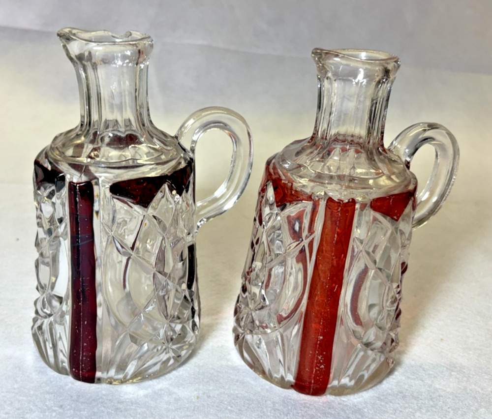 Red Flash Cut Glass Creamer Pitcher Lot Of 2 Vintage Ruby Cut To Clear Glass